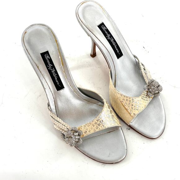 Beverly Feldman Jewel Mule Heels 6 Silver Gem Bridal Wedding White Silver Cream - Picture 5 of 8